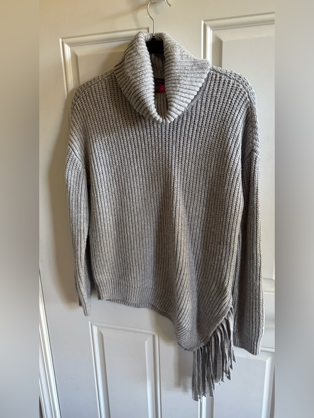 Vince Camuto Light Gray Ribbed Turtleneck Sweater with Fringe